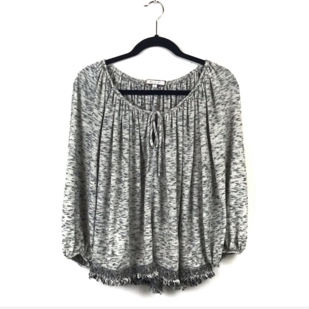 Anthropologie Eri + Ali Boho Peasant Blouse Small Gray Fringe Minimalist Chic
